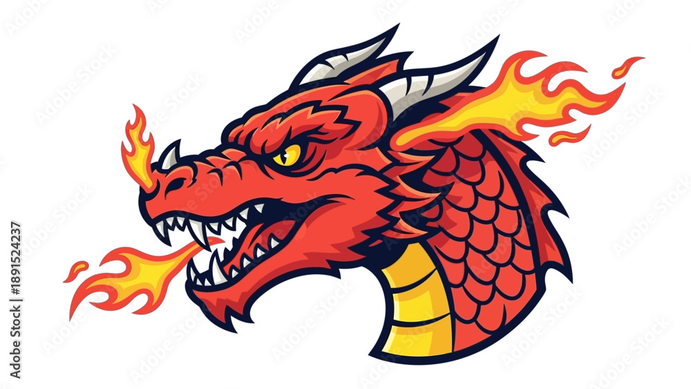 Naklejka premium Fierce Red Dragon Breathing Fire, Mythical Creature Mascot, Fantasy Art