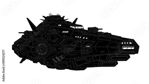 Futuristic Black Spaceship Warship, Sci-Fi Military Vessel, Dark Spacecraft Design