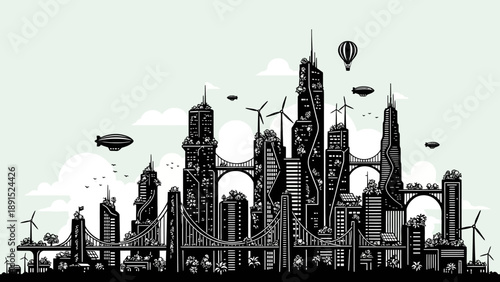Futuristic Cityscape Silhouette: Eco-Friendly Skyscrapers, Wind Turbines, Airships, and Hot Air Balloons