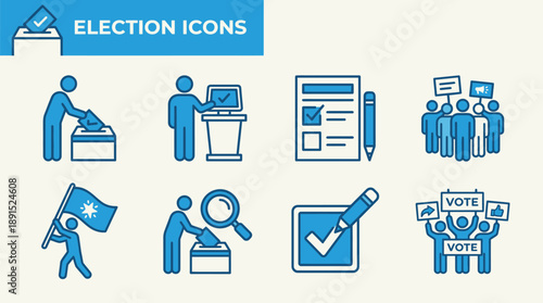 Election icons set in blue minimalist style with simple shapes and bold lines for voting campaign