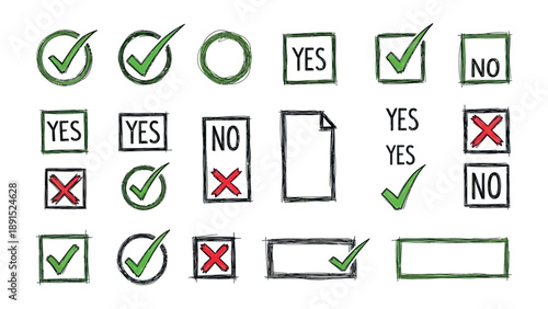 Choice Icons: A collection of various checkmark, cross, and document icons. These icons serve as a visual representation of choice, confirmation, agreement, and disagreement.