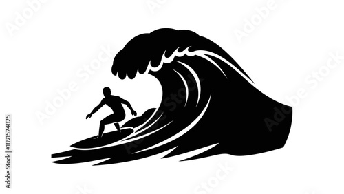 Silhouette of a Surfer Riding a Wave in Black and White.