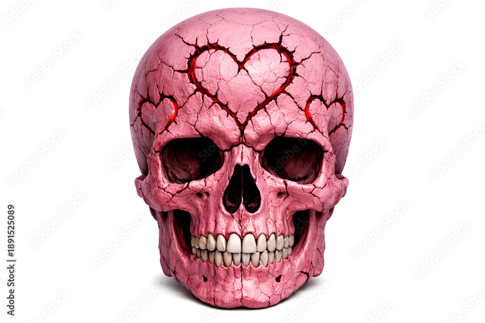 Fototapeta premium pink human skull with heart shaped cracks and texture isolated on white background