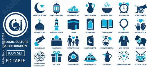 Islamic culture and celebration icons featuring mosque dome kaaba prayer mat and ramadan lantern pictograms