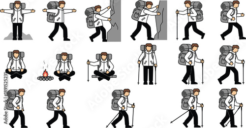Hiking Backpacker Character Poses Vector Illustration Set Showing Trekking, Camping, Walking, Climbing and Outdoor Adventure Activities