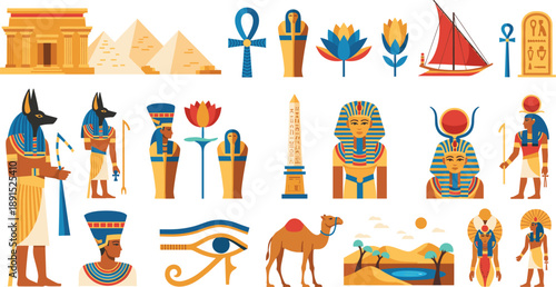 Ancient Egypt Vector Illustration Set Featuring Pharaohs, Pyramids, Gods, Hieroglyphs, Camels, Desert Symbols and Cultural Icons