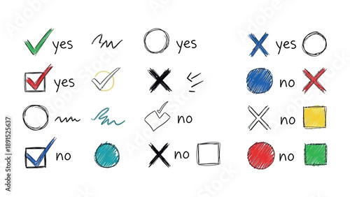 Decision Making Icons: A collection of various hand-drawn checkmarks, crosses, circles, and squares signifying yes and no choices, a versatile visual resource for conveying decisions and selections.