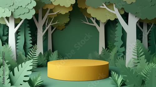 Yellow product podium in a vibrant green layered papercraft forest. 3D render of jungle trees and ferns, perfect natural display background.