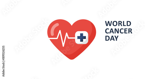 World Cancer Day illustration featuring a red heart with a medical cross and heartbeat line, symbolizing healthcare and awareness