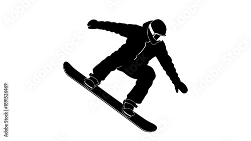 Silhouette of a snowboarder performing a jump on a white background.