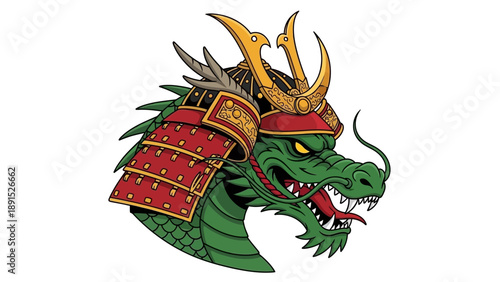 Green Dragon Warrior in Samurai Armor, Fierce Fantasy Creature
