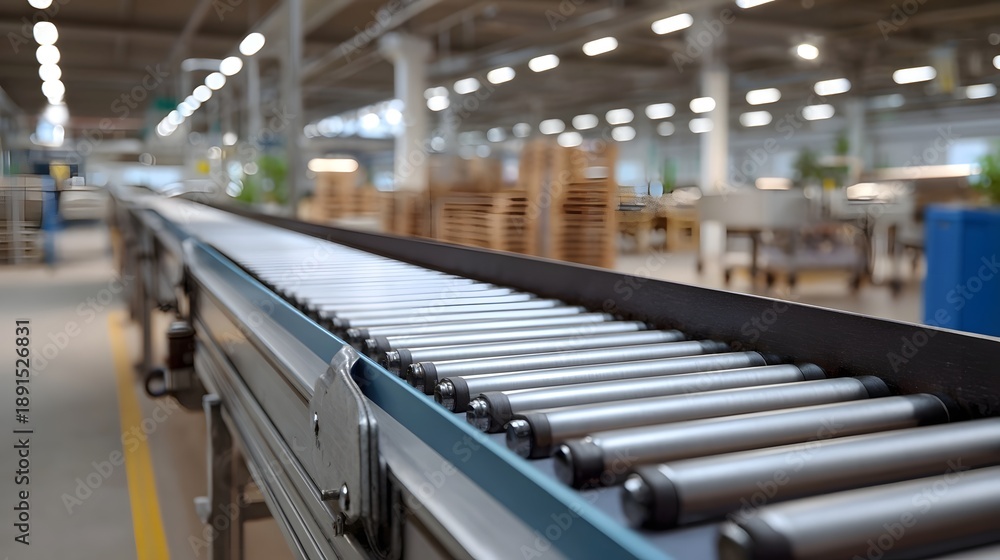 Fototapeta premium Automated roller conveyor system operating efficiently transporting goods through a vast industrial manufacturing plant