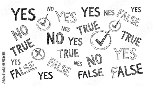 Decision-Making: A conceptual illustration that emphasizes choices, truth, and falsity in a landscape of words and symbols. 