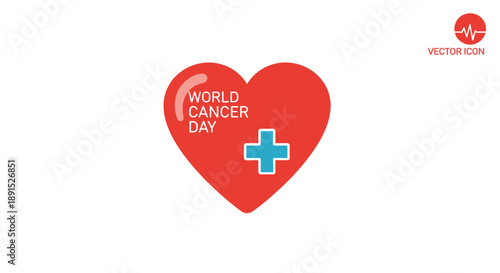 World Cancer Day symbolized by red heart with medical cross illustration on white background