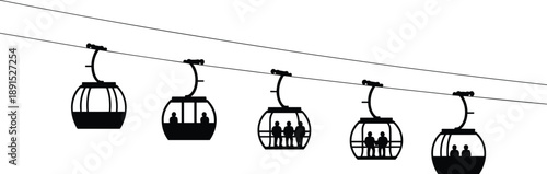 Silhouette cable car gondolas with passengers riding along suspended wires, transportation, travel adventure, sightseeing and modern urban mobility against a clean white background.