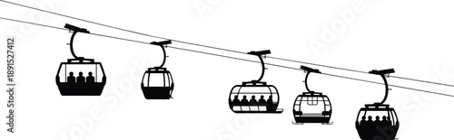 Silhouette gondola cable cars transporting passengers along suspended wires, symbolizing tourism, sightseeing, travel adventure, mountain lift transportation and modern aerial mobility 