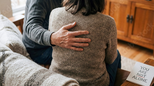 Hand on shoulder of friend close up support empathy mental health care background copy space kindness trust connection compassion reassurance stress relief