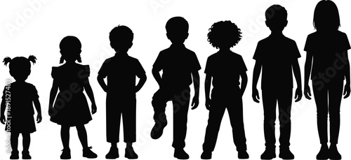 Silhouette group of diverse children lined up in different ages and heights, childhood growth, development, education and family lifestyle concept for learning and comparison themes