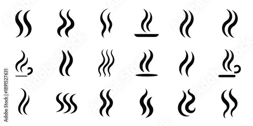 Steam aroma heat vector icon collection, featuring detailed smoke symbols, odor representation icons, and thermal design elements, ideal for restaurant menus, product labels, and digital interfaces.