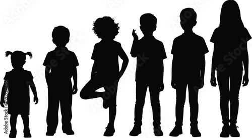 Silhouettes of diverse children standing in line, different ages and heights, group of kids, childhood growth, development concept, education and family lifestyle background