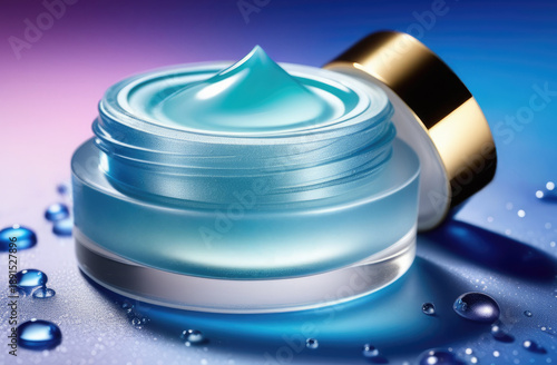 Moisturizing luxurious blue face gel in an elegant glass jar placed on a glossy surface with water droplets. Skincare product. Vibrant lighting, premium cosmetic beauty concept.