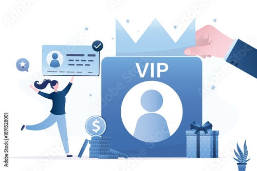Female character uses premium bank card to receive privileged services. Wealthy woman client get membership in VIP luxury club, star lifestyle. VIP account with crown,