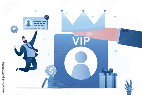 Male character uses premium bank card to receive privileged services. Wealthy businessman client get membership in VIP luxury club, star lifestyle. VIP account with crown,