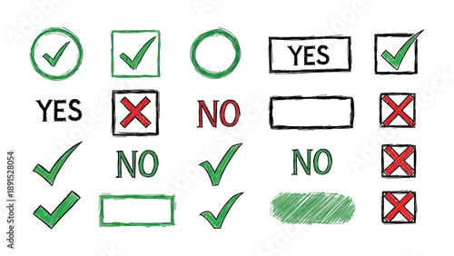 Choices and Decisions: A collection of meticulously hand-drawn check marks and cross marks. Symbolizing affirmative actions, rejections, and vital decisions, ideal for visual communication