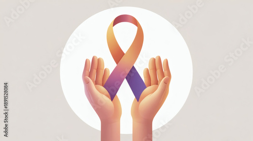 Compassionate hands gently supporting a vibrant orange and purple gradient awareness ribbon, symbolizing unity, hope, and collective support for vital health and social causes