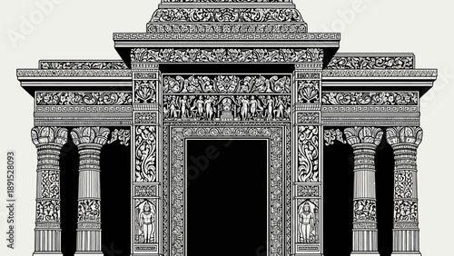 Intricate Indian Torana Gateway Archway, Detailed Carvings, Ancient Architecture, Black and White