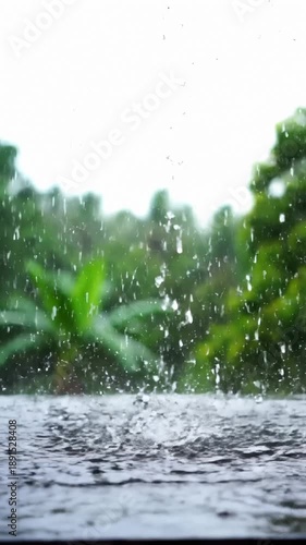 Wallpaper Mural Raindrops Falling on a Surface With Lush Greenery in the Background Torontodigital.ca