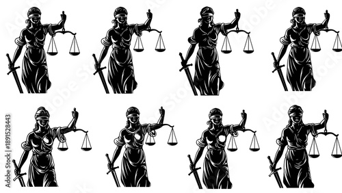 Lady Justice Symbolizing Law and Justice, Scales of Justice, Sword, Blindfold, Multiple Icons