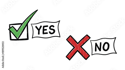 Yes or No: Decisions in Black and White: The choice is clear: Yes marked with a confident check mark, and No with a bold X mark, represent decisive choices and simplified answers.