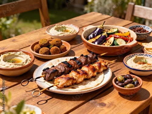 Middle Eastern and Mediterranean Dinner Table with Grilled Lamb Kebab, Chicken Skewers, Roasted Vegetables and Assorted Appetizers on Rustic Outdoor Wooden Table