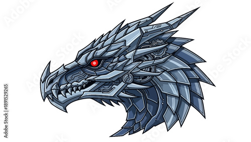 Mechanical Dragon Head Pixel Art, Futuristic Fantasy Creature, Cyberpunk Style