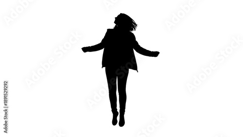Silhouette of a woman jumping with arms outstretched against a white background.
