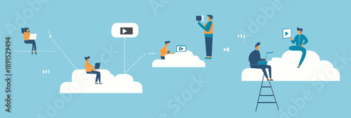 People using laptops and cameras connected with cloud technology icons for video sharing and online digital content creation in flat vector style