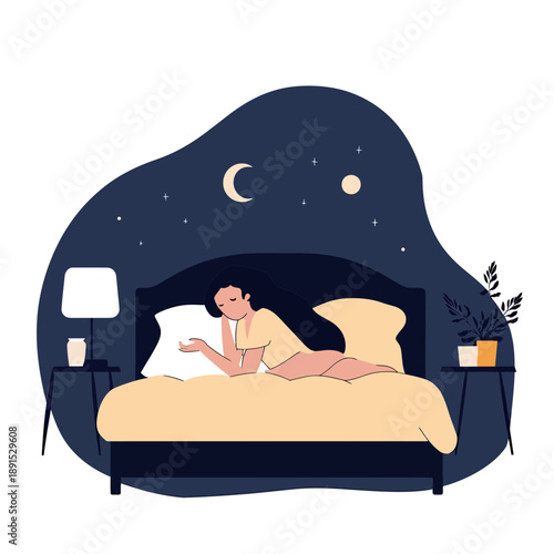 Woman lying awake in bed at night sleeplessness insomnia concept with moon stars lamp and plants flat vector illustration