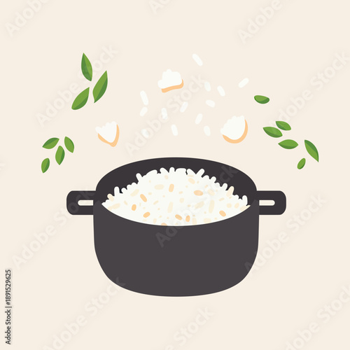 Minimalist flat vector illustration of pot with cooked white rice and green leaves floating on light background for cooking concept design