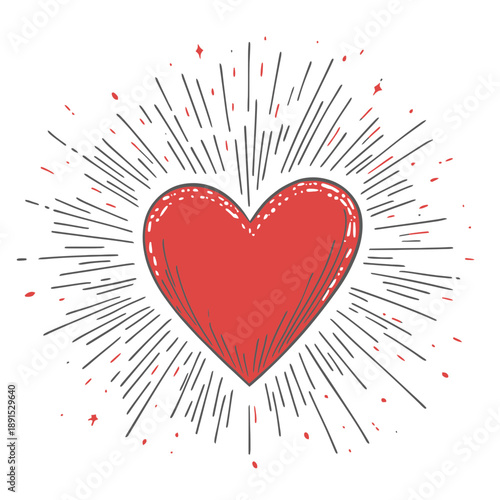 Hand drawn red heart with radiant sunburst lines illustration in flat minimalist vector sketch style for love and romance concepts