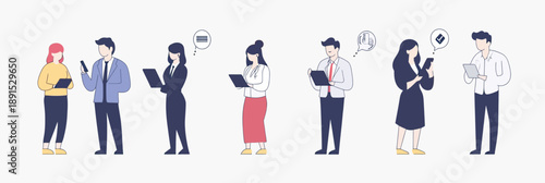 Group of diverse business people using smartphones and laptops talking and working in modern flat minimalist style vector illustration