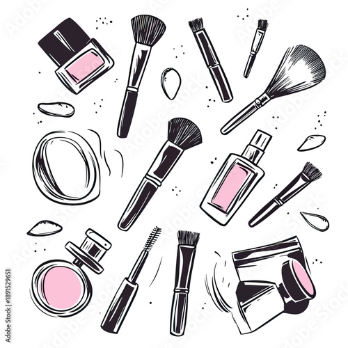 Hand drawn makeup brushes nail polish mascara cream jar cosmetic beauty products sketch style illustration for cosmetic store banner or poster design vector image