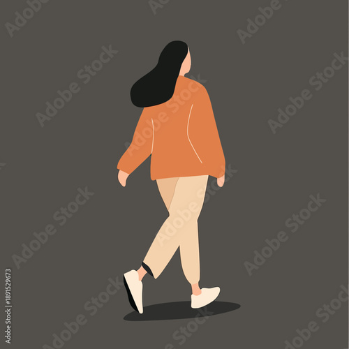 Minimalist vector illustration of woman walking forward with long black hair wearing orange sweater beige pants and white sneakers on gray background