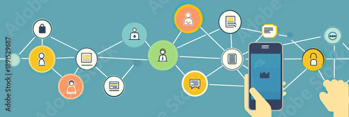Hand holding smartphone with social network icons connected by lines representing online communication technology and digital interaction concept in flat vector style