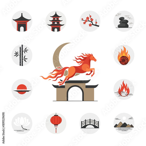 Red Horse Illustration with Flames and Arch.