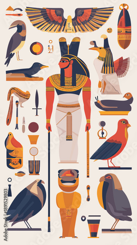 Collection of ancient Egyptian cultural symbols and deities in flat minimalist vector style featuring gods, birds, hieroglyphs, and artifacts in bold colors and geometric shapes