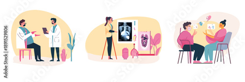 Doctor reviewing chest x-ray and lung images with patient consulting for respiratory health diagnosis in clinical medical consultation flat vector illustration set