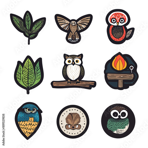 Set of nine colorful flat minimalist vector nature designs including stylized owls, leaves, and a campfire with log on white background for outdoor and wildlife themes