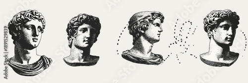 Set of four antique Greek statue busts vector illustration in halftone dot style with vintage textured effect classical sculpture profile and frontal views