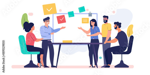 Diverse business people team meeting brainstorming planning with colorful sticky notes on whiteboard flat vector illustration